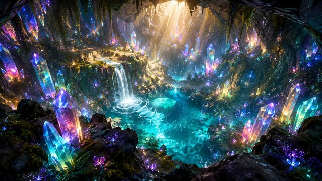 Fantasy Crystal Cave with Glowing Lagoon