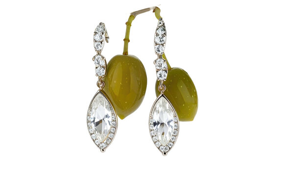 Elegant crystal drop earrings dangle from an olive sprig