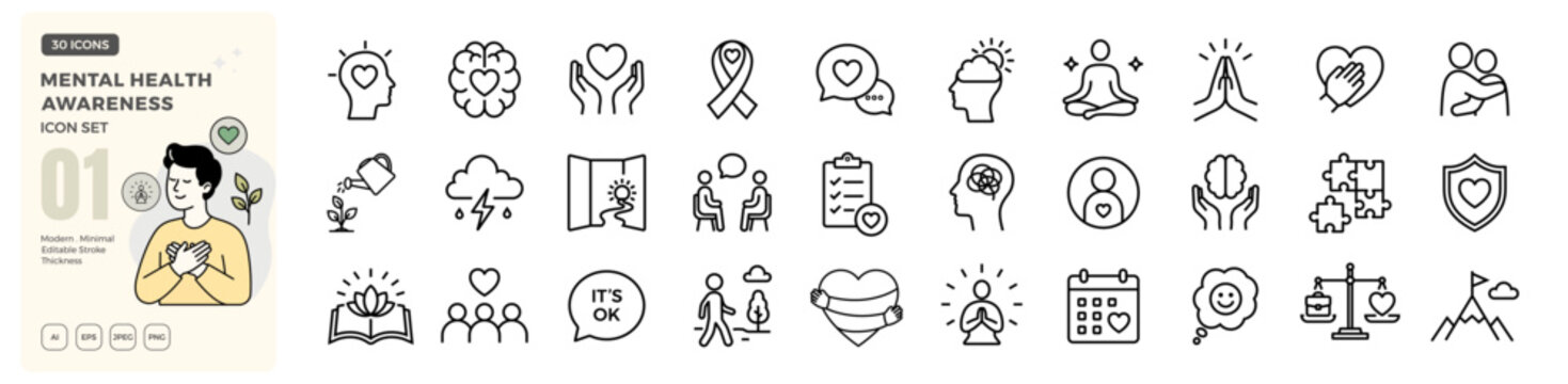 Mental health line icon set. Psychology, mindfulness, emotional wellbeing, stress management and therapy editable stroke
