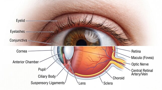 Human eye anatomy diagram showing eyelid eyelashes conjunctiva cornea anterior chamber pupil ciliary body suspensory ligaments lens sclera retina macula optic nerve central retinal artery choroid