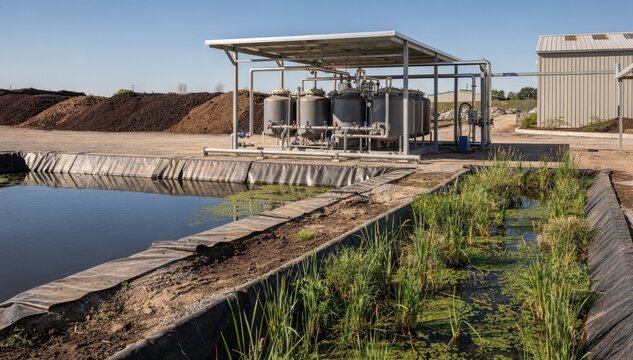 Medium shot of a lined leachate pond with clear containment berms managing runoff from organic compost pads under bright daylight. Medium shot of a covered leachate tank system