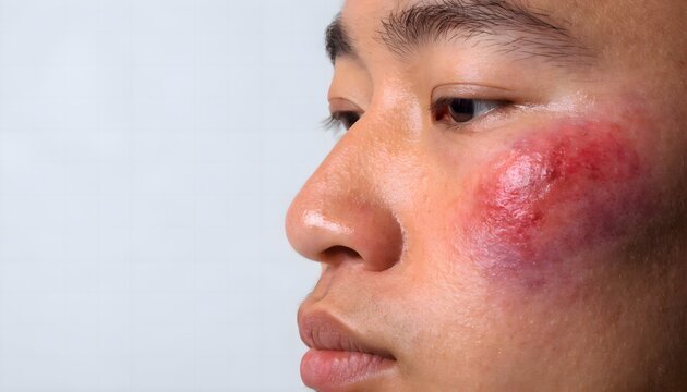 Side profile of face with painful cheekbone contusion erythema and early stage bruise skin injury