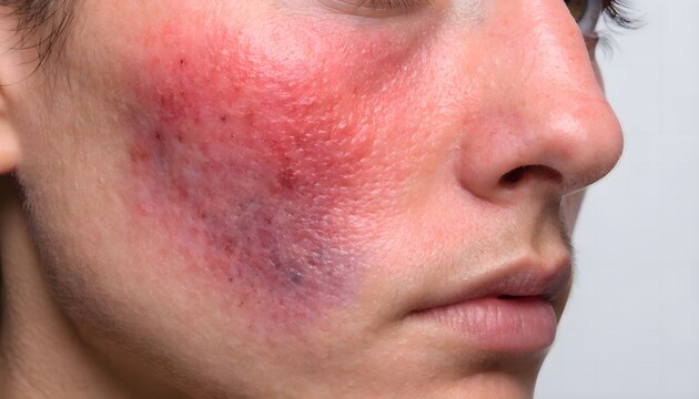 Realistic cheekbone contusion with facial redness and early bruising for dermatology reference