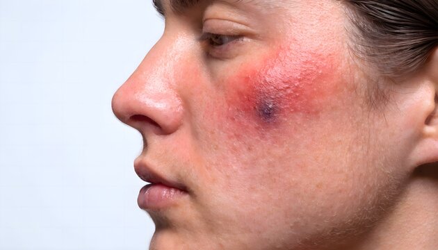 Close up of cheekbone contusion showing erythema and early stage hematoma medical reference