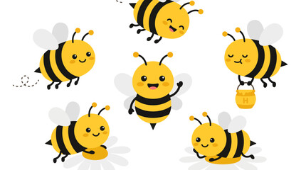 Obraz premium A group of happy cartoon bees flying.