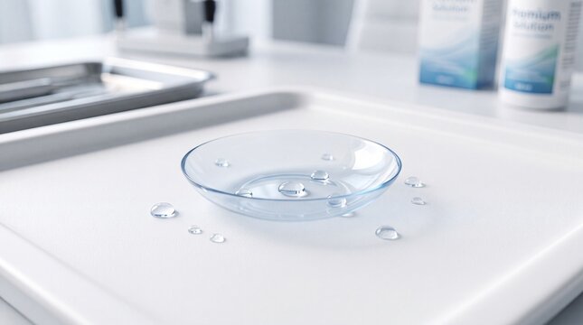 Contact lens transparent water drop clean medical vision optical round soft hygiene closeup healthcare. Contact lens with water drops clean white surface emphasizing hygiene and clarity medical