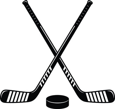 Professional ice hockey equipment set featuring crossed sticks and black puck silhouette for winter sports tournament.