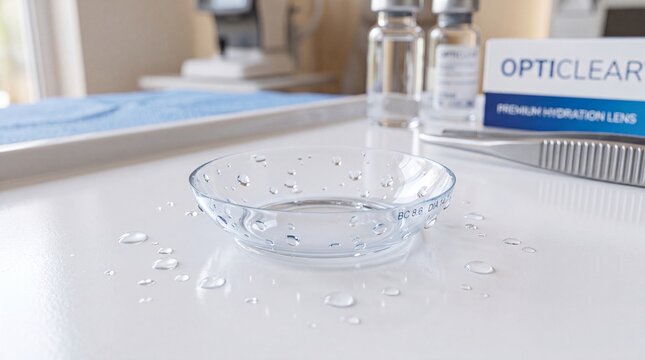 Contact lens transparent water droplet clear medical vision optical hydration sterile closeup healthcare round. Contact lens with water droplets clean surface emphasizing hydration and clarity