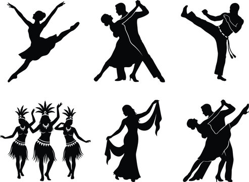Artistic dance silhouettes set including latin performers belly dancers and tribal group for cultural festival design.