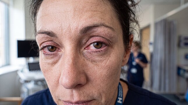Woman with irritated red eyes, dry skin, and tired expression in hospital setting, close up portrait showing signs of fatigue and discomfort, healthcare professional in background
