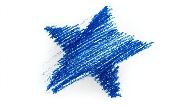 Blue crayon star drawing on white background, artistic expression.