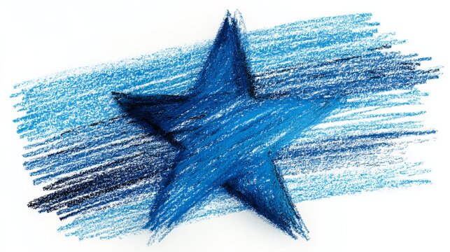 Blue Star Drawing with Crayon Texture Background on White.