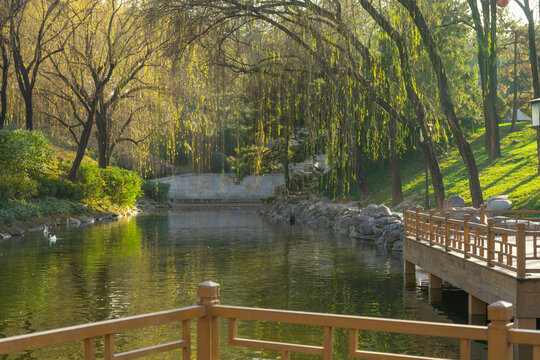 Beautiful view of Tang Paradise park and lake at twilight in Xi'an, China.