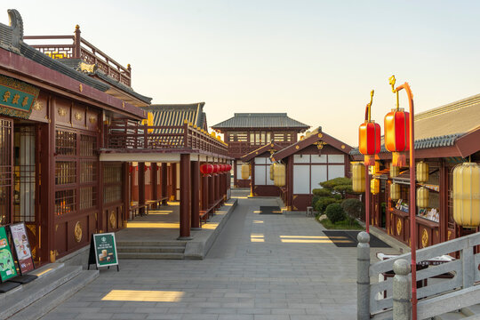 Beautiful view of Tang Paradise park and lake at twilight in Xi'an, China.