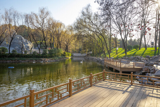 Beautiful view of Tang Paradise park and lake at twilight in Xi'an, China.