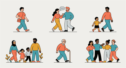 Fototapeta premium Diverse Group of People Walking Together Set with Flat Illustration Style Vector