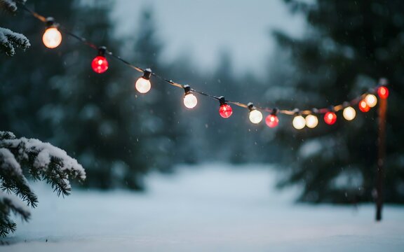 Snowy forest pathway illuminated by colorful string lights, magical winter landscape and holiday atmosphere
