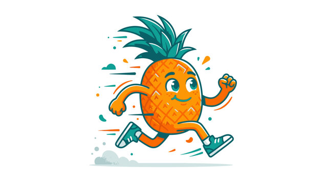 Happy cartoon pineapple character running on blue background.