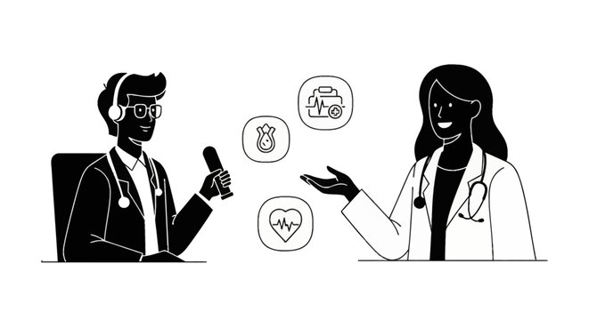 Black and white vector illustration of two medical professionals in lab coats with stethoscopes, featuring telemedicine icons for heart health, blood tests, and virtual care.
