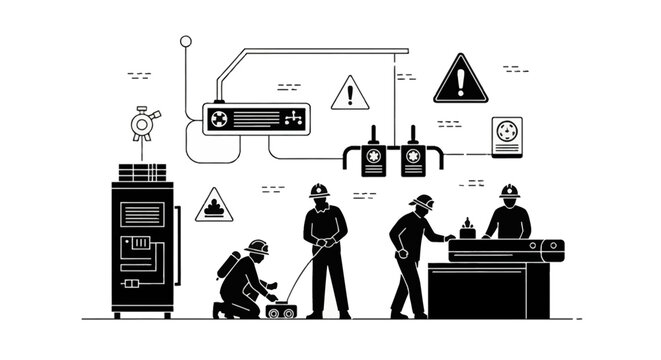 Black and white vector illustration of an emergency response team conducting a disaster drill in an industrial facility with warning signs, control panels, and safety gear.