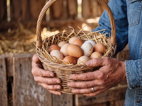 Close up of a senior farmer holding a rustic wicker basket full of fresh organic chicken eggs. Working hands of an elderly man with free-range eggs resting on straw in a wooden barn.