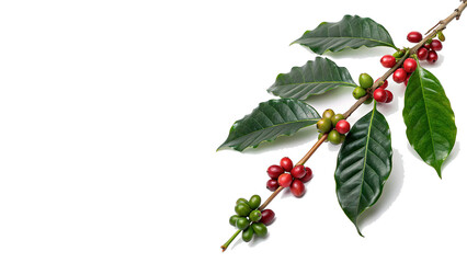 Fresh coffee branch with green leaves and red ripening berries isolated on transparent background © Roksana