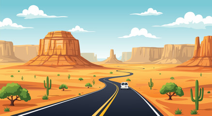 Desert Highway Road Trip Travel Illustration Vector Design Featuring Scenic Monument Landscape With Cactus And Van Under Blue Sky © DOLARRIZ JHON