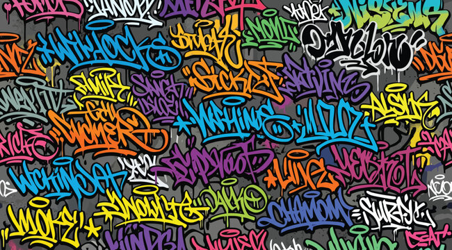 Seamless graffiti pattern with various colorful handstyle tags and street art