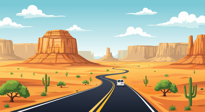 Desert Highway Road Trip Travel Illustration Vector Design Featuring Scenic Monument Landscape With Cactus And Van Under Blue Sky