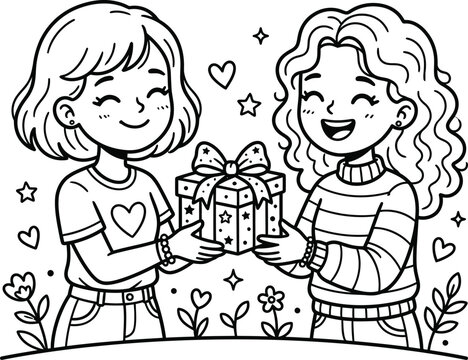 Cute Girls Friendship Day Gifting Cartoon, Kawaii Best Friends Line Art