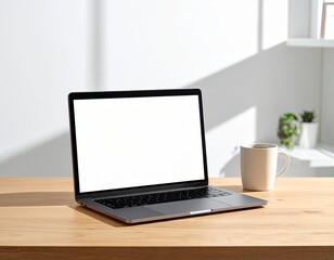 Fototapeta premium Mug of black tea beside a blank laptop screen on a modern desk for focused workflow concepts.