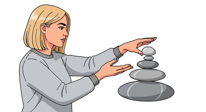 Female Analyst Building Zen Rock Pile for Balanced Returns