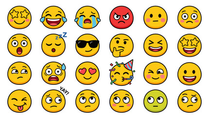 Fototapeta premium Modern emoji icon set with 24 expressive yellow faces, flat vector emoticons for digital communication, diverse character mood collection for social media
