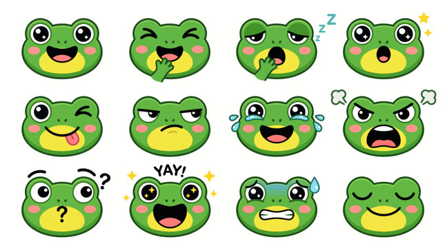 Kawaii frog emoji set with 12 cute animal facial expressions. Green toad character stickers for social media. Cartoon frog head icons with various emotions.