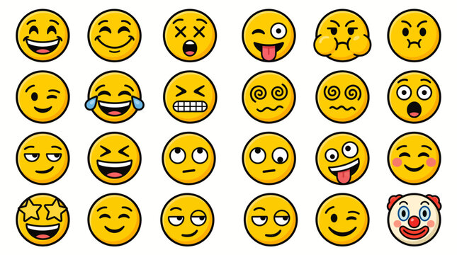 Yellow emoji face icons set, 24 expressive cartoon emoticons with bold outlines, funny character reaction symbols for social media and messaging