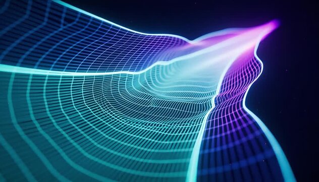 Neon abstract background digital wave light line grid technology futuristic landscape with glowing blue purple gradient mesh, smooth energy flow curves, dynamic motion lines and flowing light wave