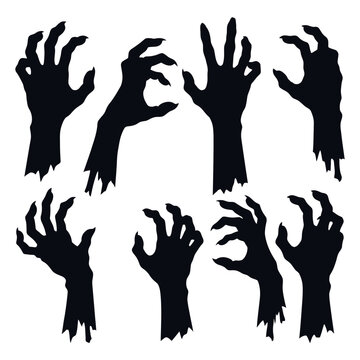 Zombie hands, monster claws, black silhouettes, Halloween vector graphics, creepy zombie fingers