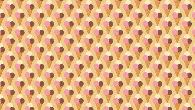 Repeating ice cream cone pattern with strawberry chocolate vanilla scoops arranged in diagonal grid decorative vector illustration