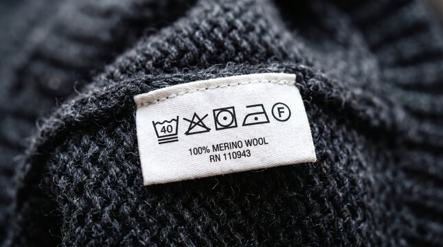 Close-up of a clothing care label on a dark gray knitted wool sweater showing washing instructions.