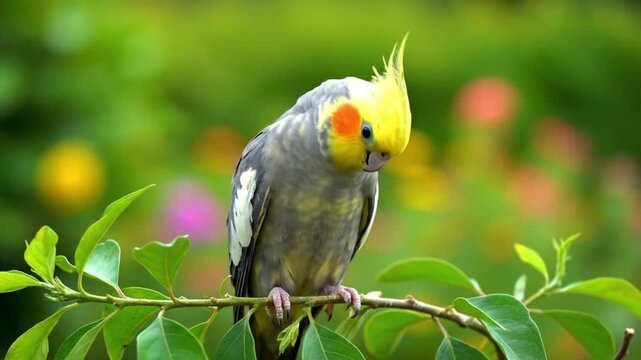 Beautiful Cockatiel Bird Perched on a Garden Tree Branch