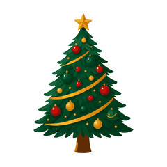 Fototapeta premium Christmas tree is adorned with shiny red and gold baubles and a bright star topper against a clean white background.