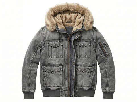Grey Acid Wash Denim Parka Jacket with Fur Lining and Hood Isolated on White Background