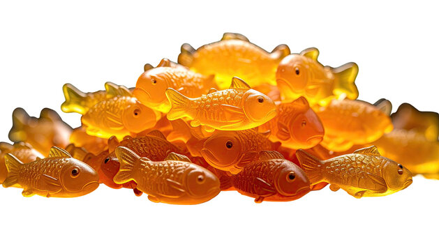 Pile of small, translucent golden fish candies on black background