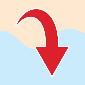Red curved arrow vector icon pointing down with sticker outline   