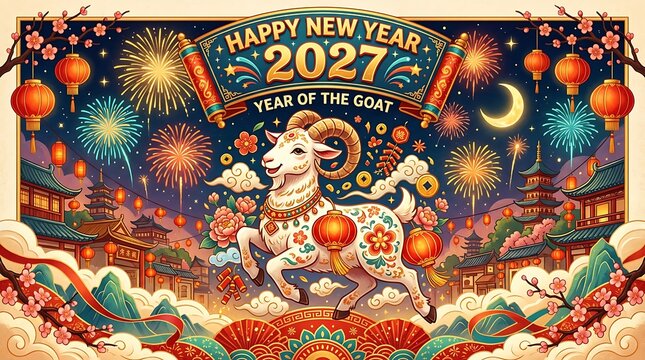 Happy new year 2027 year of goat chinese new year celebration festive atmosphere.