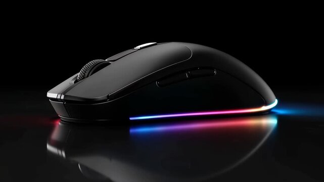 Black computer mouse with colorful led lights on a dark reflective surface for gaming or office use