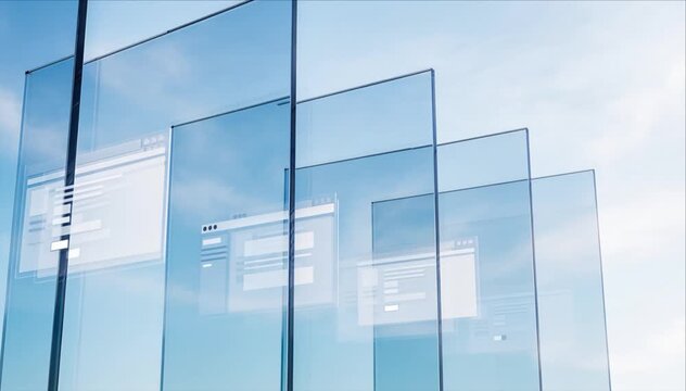 Abstract technology digital glass interface background screen blue modern transparent window panel sky minimal glass window interface floating sky background with modern digital screen layout