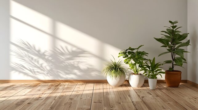 Bright indoor scene with filtered sunlight and potted plants
