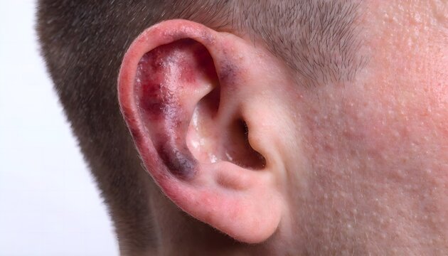 Traumatic ear injury close up with severe bruise purple contusion and swelling from contact sports contact⁠