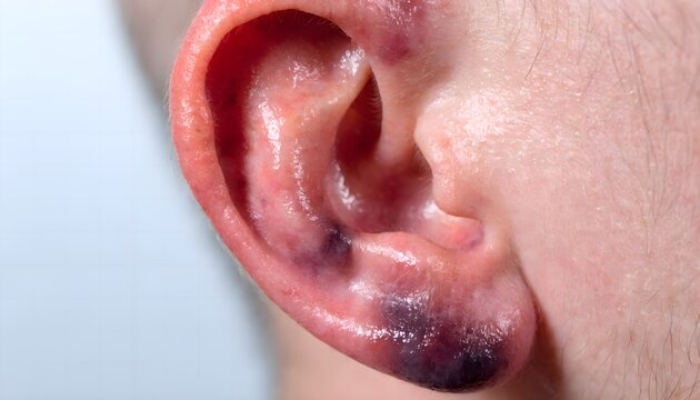 Clinical photography of early stage cauliflower ear with distinct auricular perichondrial hematoma tissue⁠